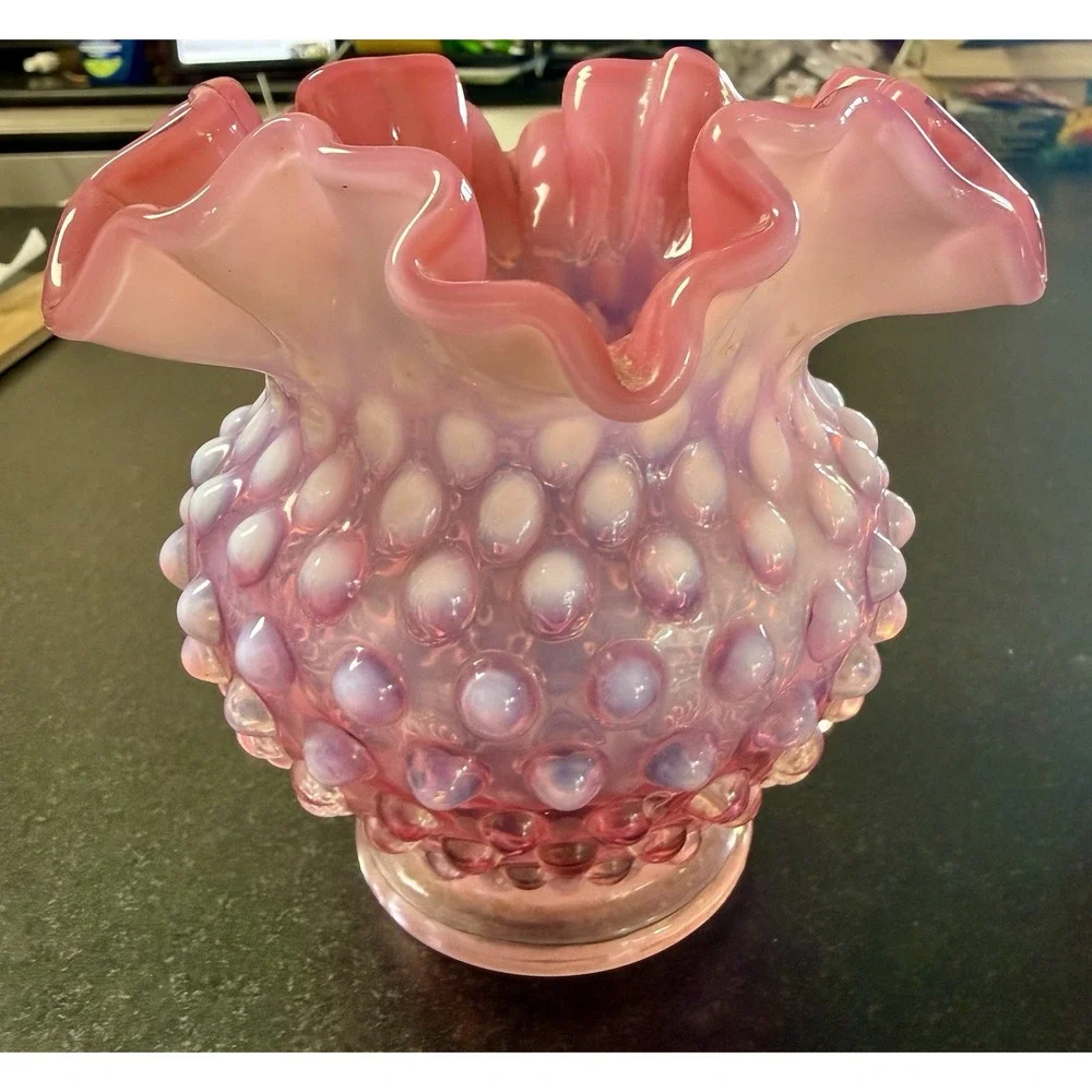 Pair Fenton Cranberry Opalescent Hobnail Rose Bowl Vases – Ruffled Edge – Vtg